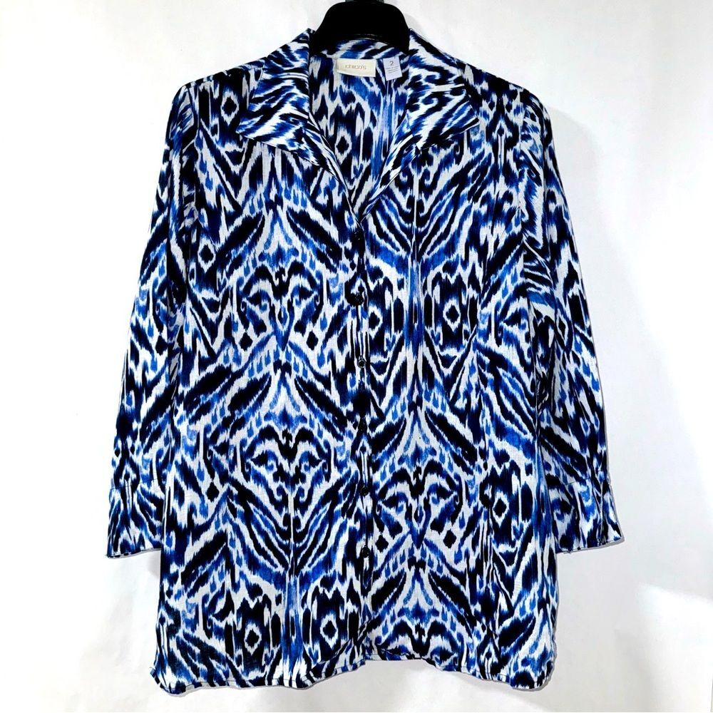 Chico’s Linen Casual Button Up Blue and White Collared Top Size 2 (12 Large)